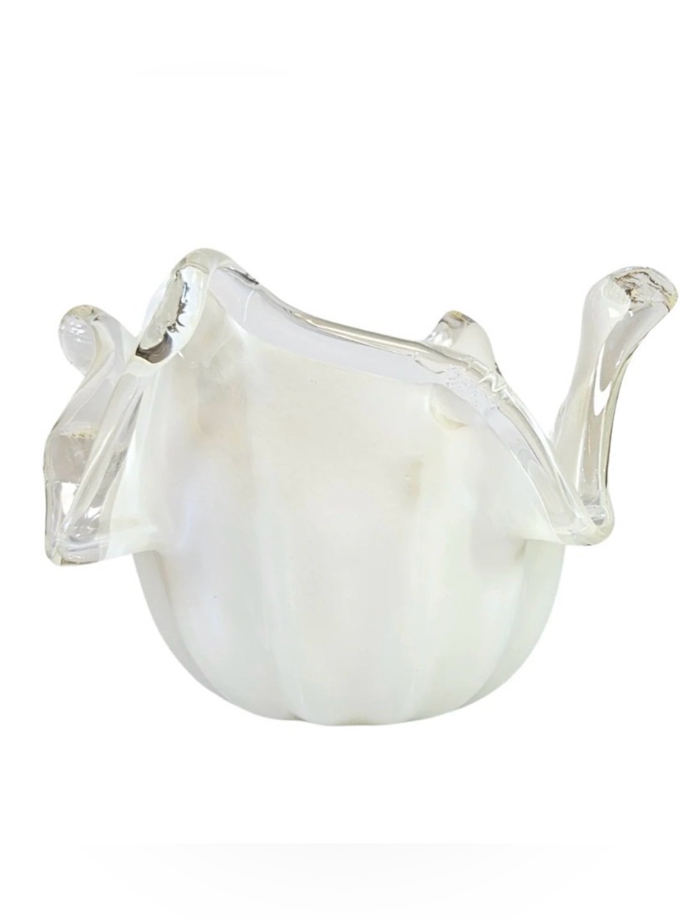 Murano Style Art Glass Bowl White Ivory & Amber Crest Edge Handmade in Italy